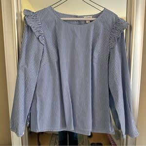 J.Crew blue and white stripe blouse ruffle shoulder EUC